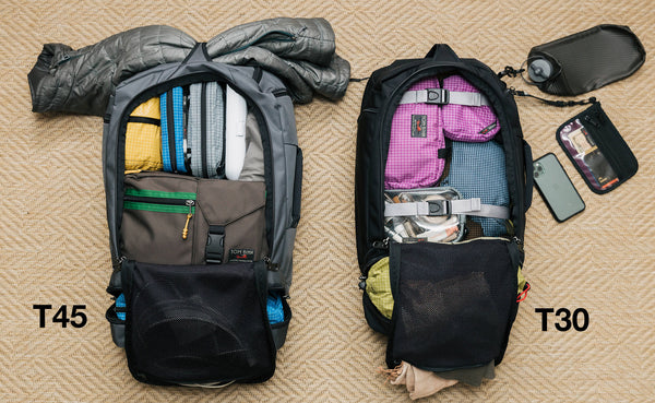 A comparison of the Techonaut 45 (left) and Techonaut 30 (right) filled with Packing Cubes.